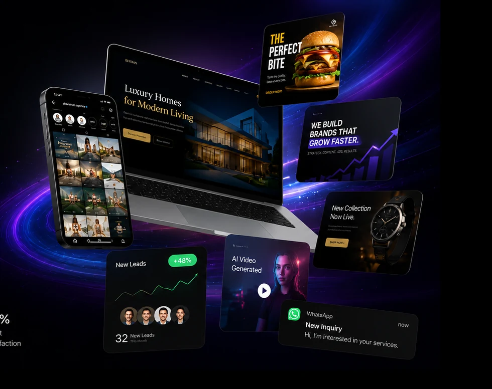 Laptop and phone mockups showing websites, ads, videos and lead notifications