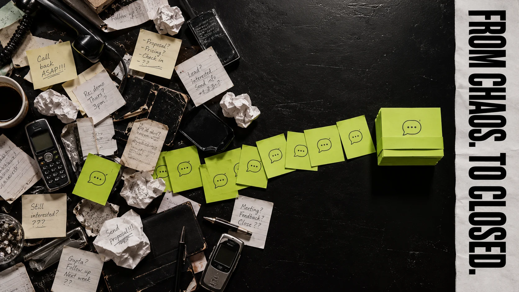 Flat-lay photograph: a black desk covered with messy handwritten notes, old phones and crumpled paper on the left. A neat line of lime chat-bubble cards runs across to a tidy stack on the right. Text: From chaos. To closed.