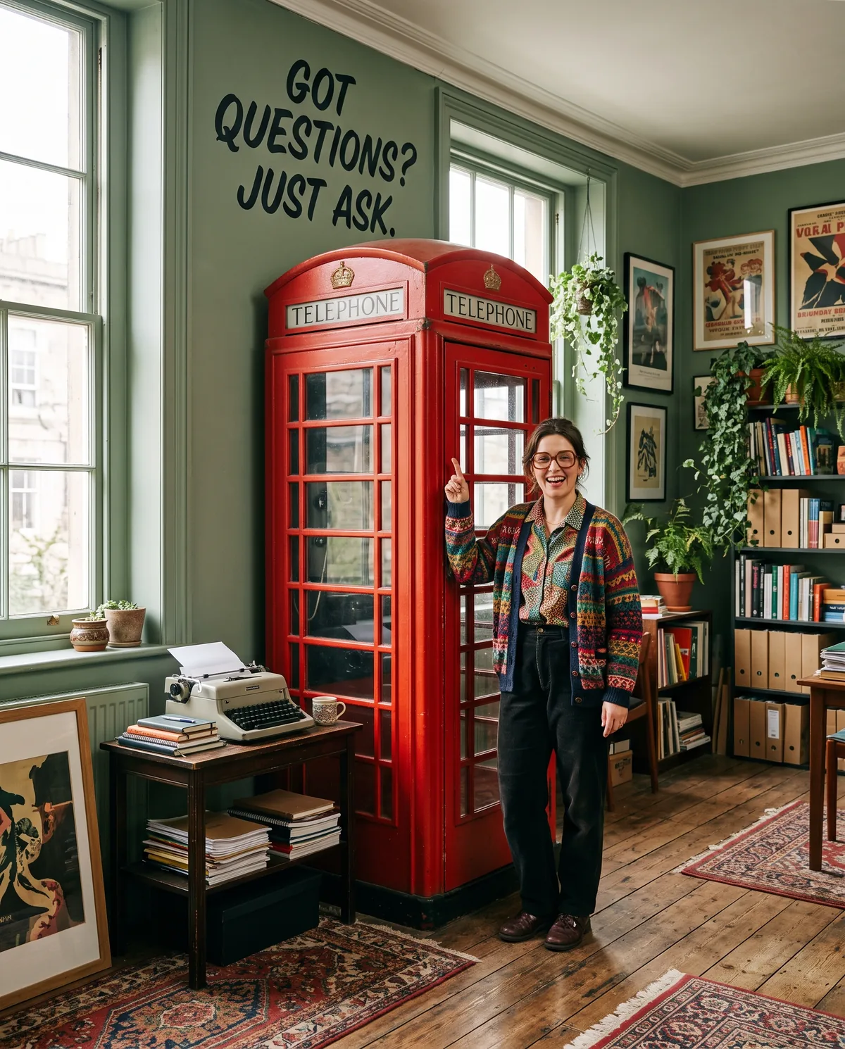 A smiling woman in a colourful cardigan points to a red telephone box in a green room, under the painted words “Got questions? Just ask.”