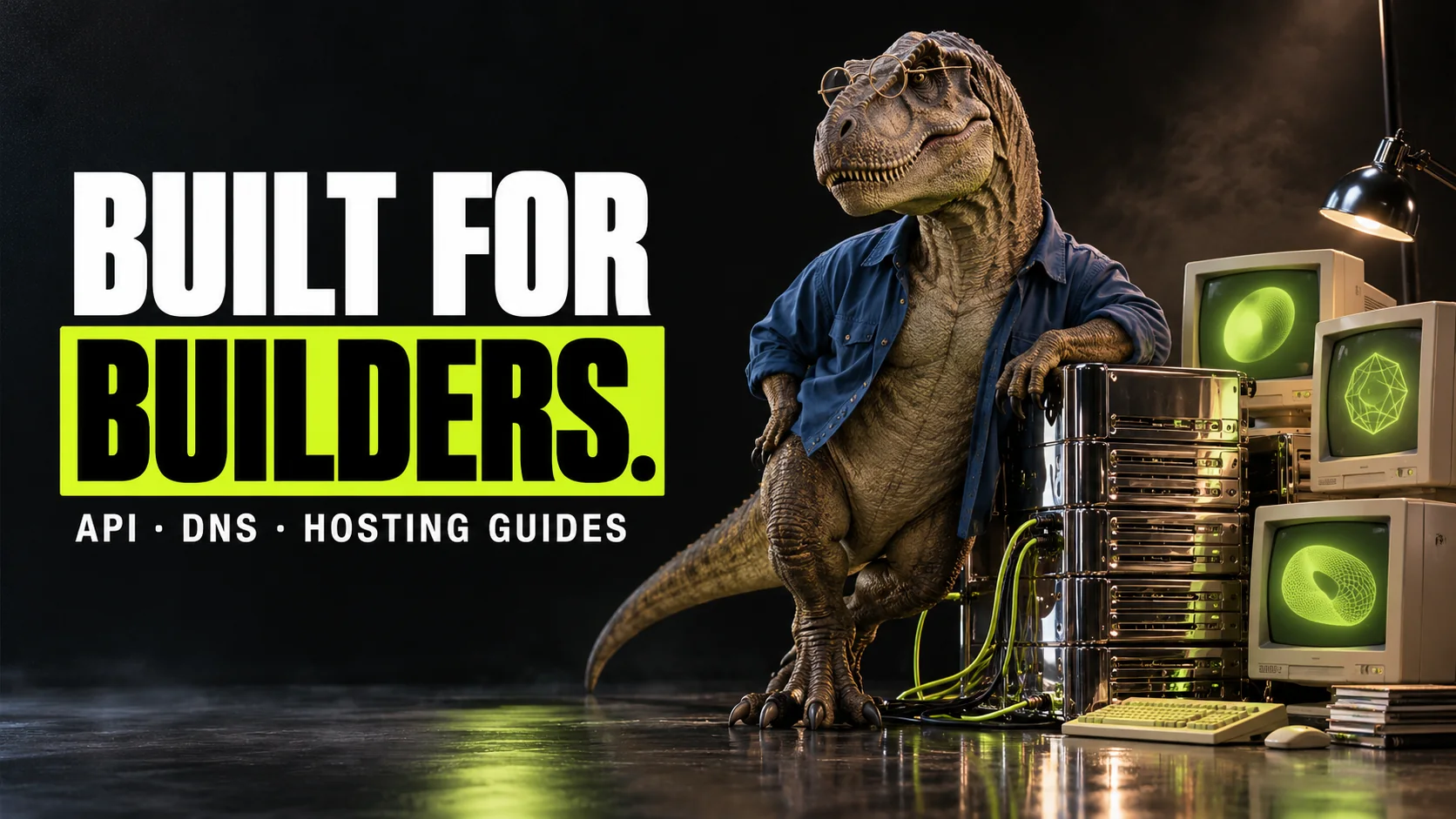 Campaign photograph: a T-rex in round glasses and a blue shirt leans on chrome servers and vintage computers with glowing lime screens, beside the words Built for builders. API · DNS · Hosting guides.