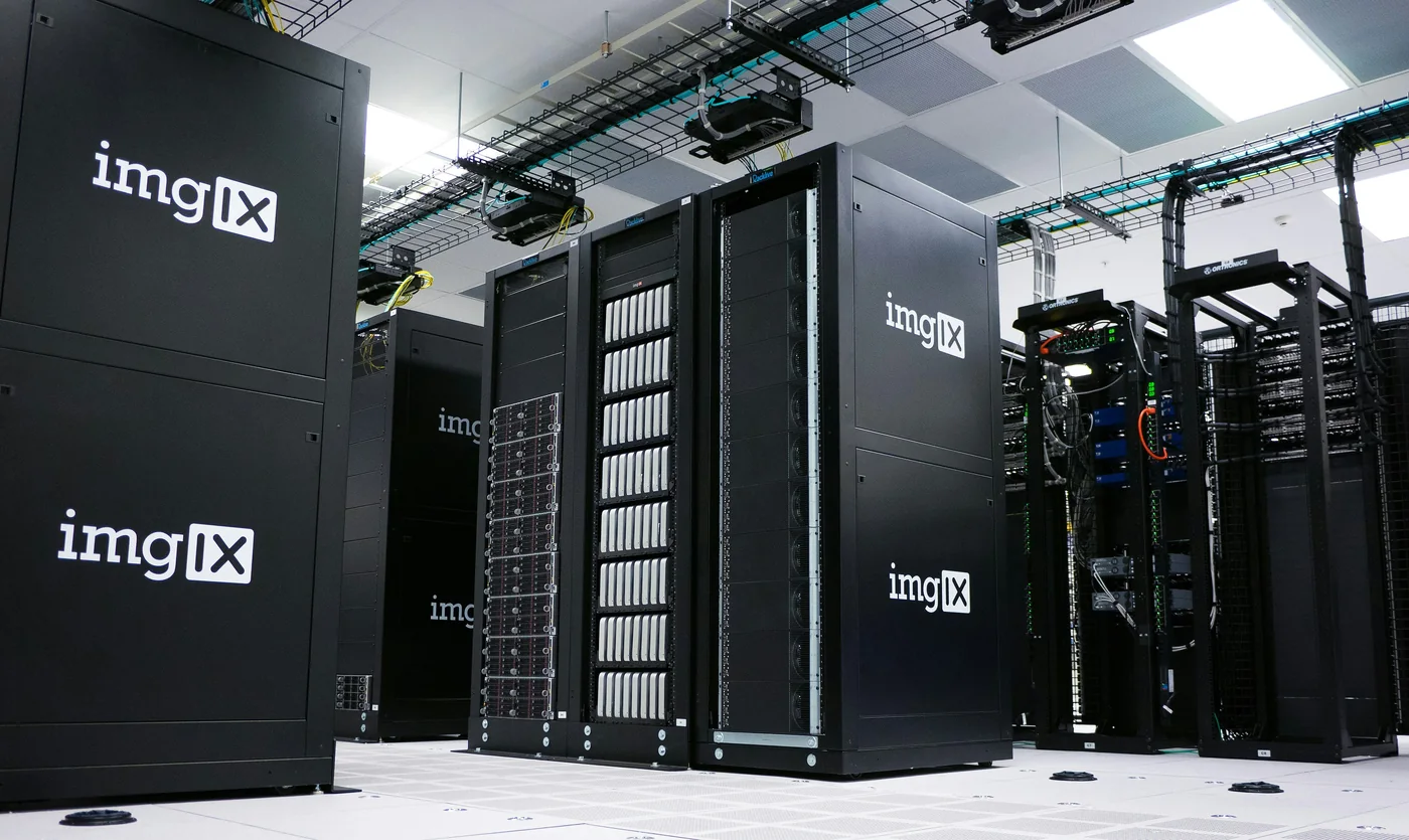 Professional server racks and network cabling in a data centre