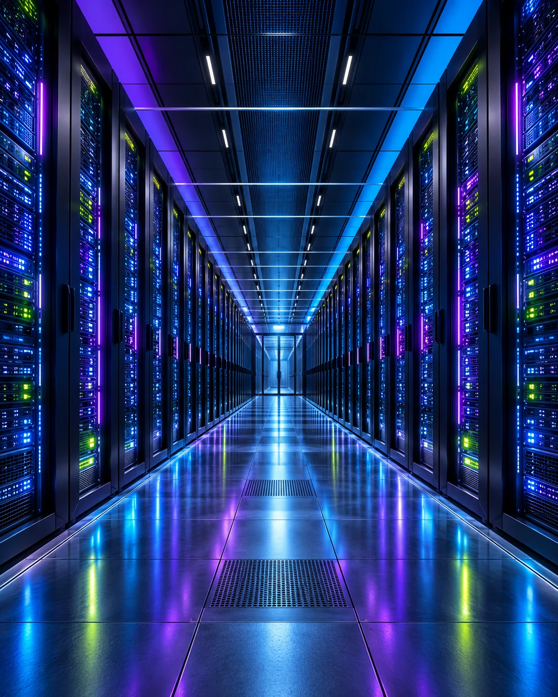 A long data-centre corridor lined with server racks glowing in blue, violet and lime light