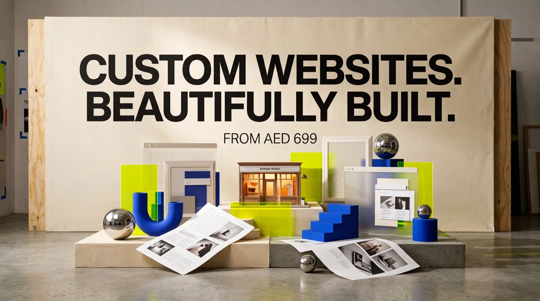Campaign artwork: a miniature boutique storefront, chrome spheres, cobalt-blue blocks, lime acrylic panels and printed page layouts in front of a large canvas reading Custom websites. Beautifully built. From AED 699.