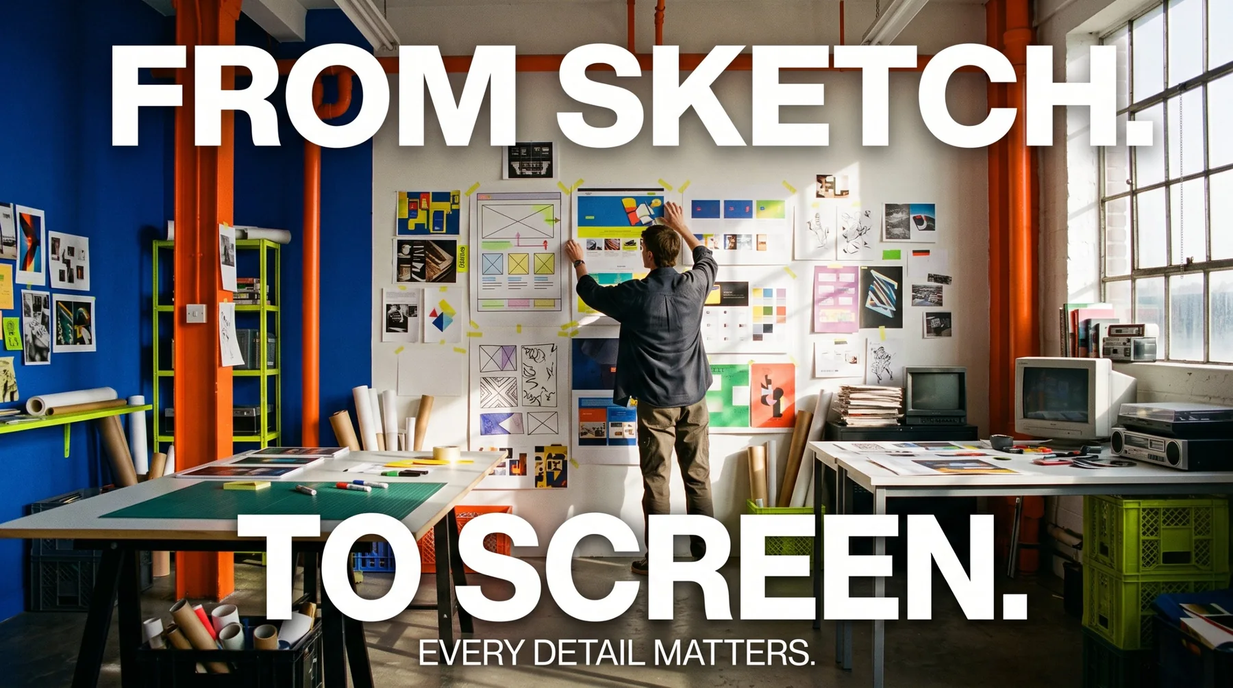 Campaign artwork: a designer pins printed website layouts to a studio wall between cobalt-blue walls and orange pipes. Text: From sketch. To screen. Every detail matters.