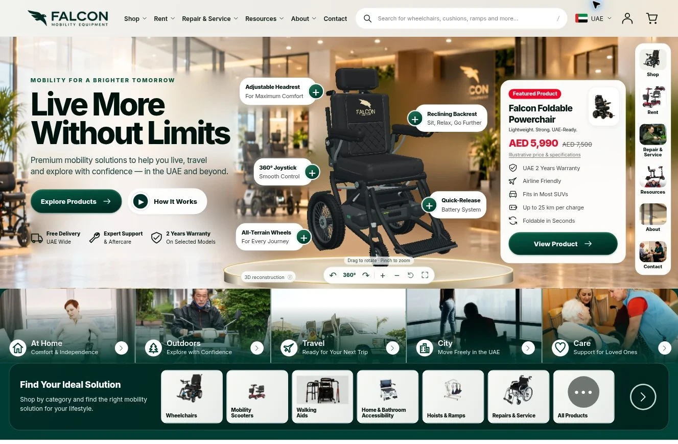 Actual Falcon Mobility website preview featuring a powerchair in a bright showroom and the headline Live More Without Limits.