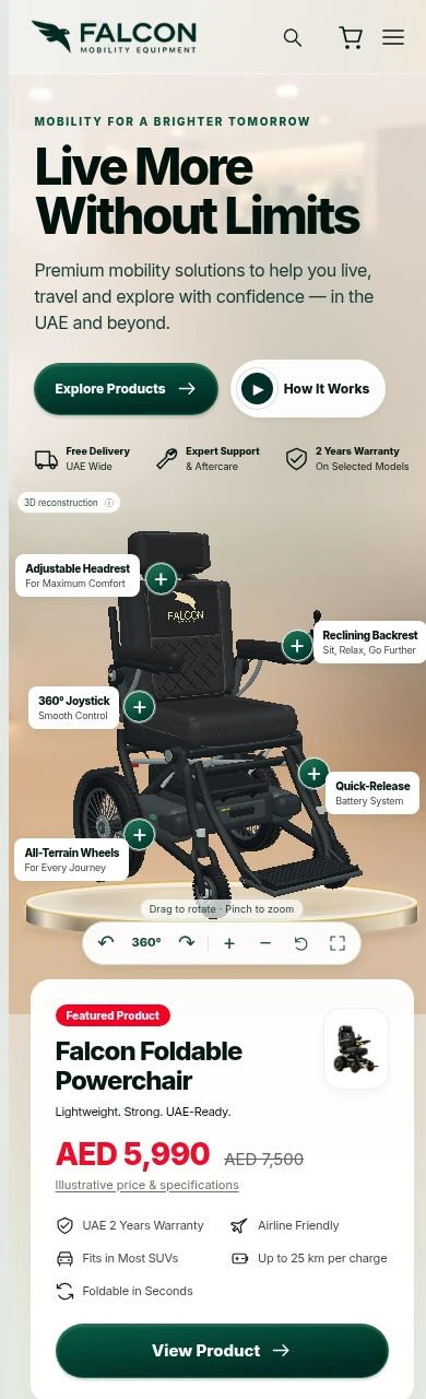 Actual mobile design preview of the Falcon Mobility website
