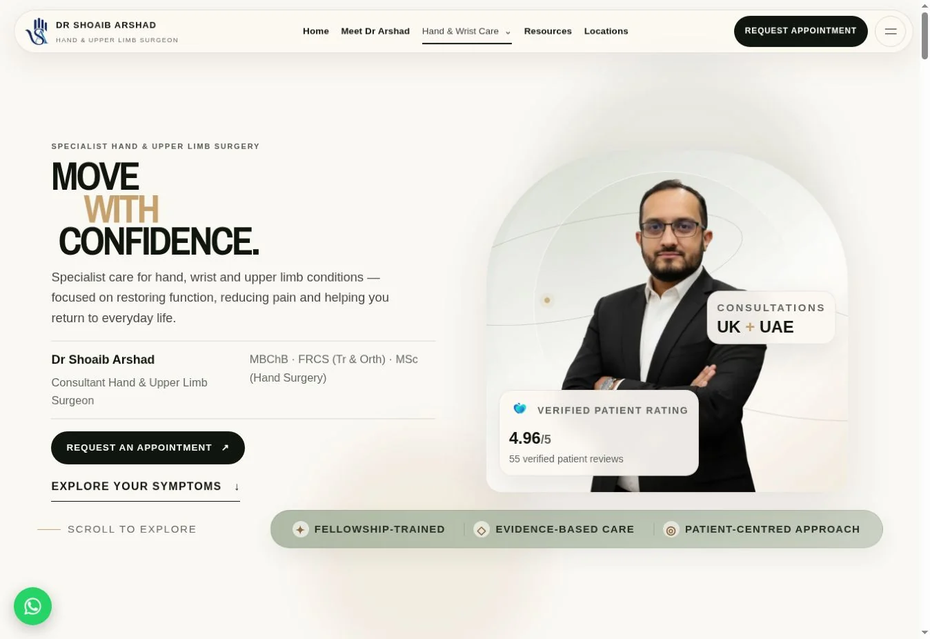 Dr Shoaib Arshad's live hand surgery website with its calm editorial design.