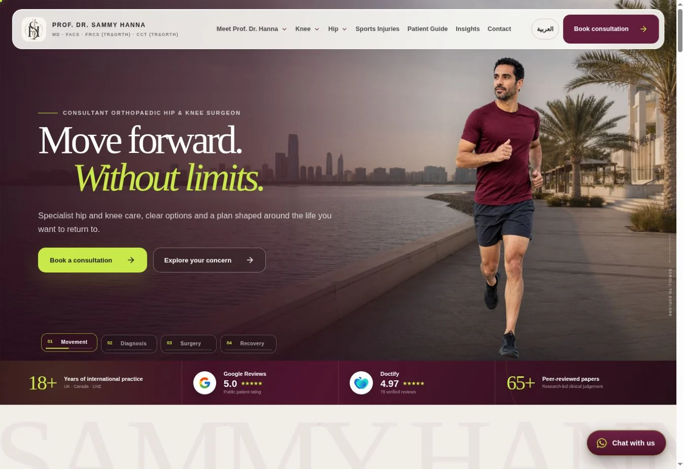Prof. Dr Sammy Hanna's live website with its movement-led hero and burgundy and lime identity.