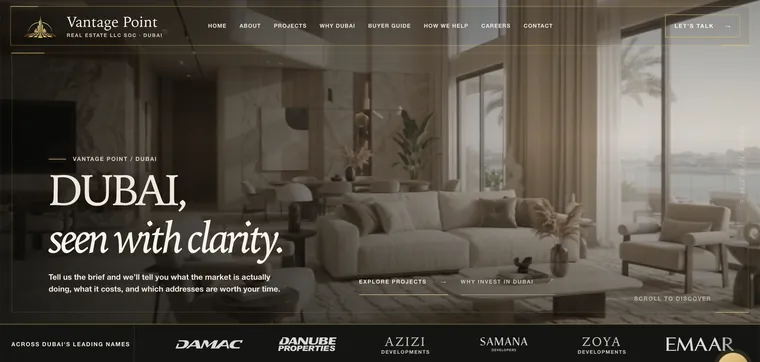 Actual Vantage Point Real Estate homepage with a sunlit Dubai living room, the headline Dubai, seen with clarity, and a strip of developer logos.