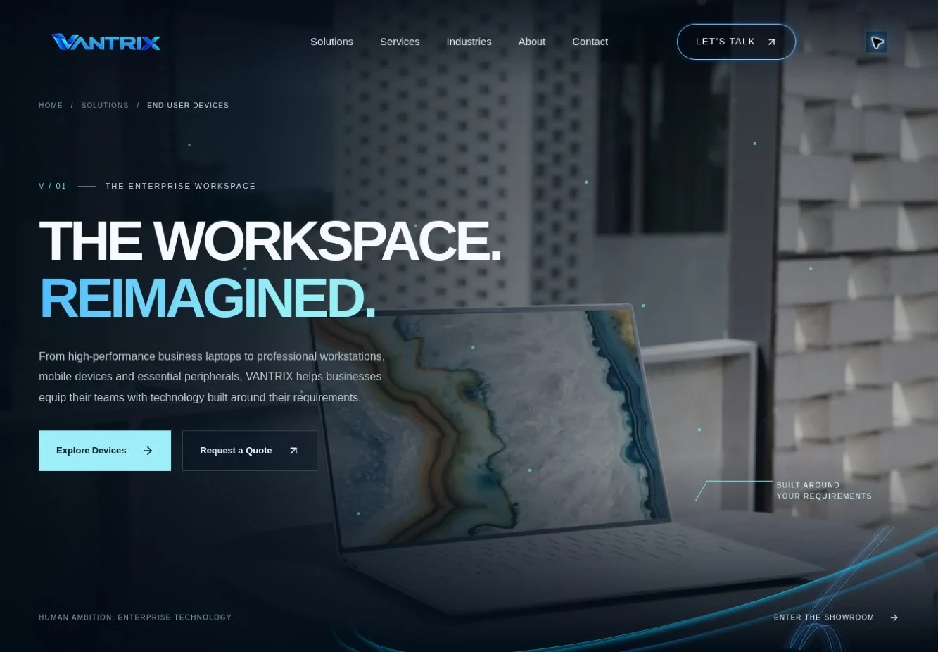 Actual VANTRIX End-User Devices page preview with a laptop and the headline The Workspace. Reimagined.