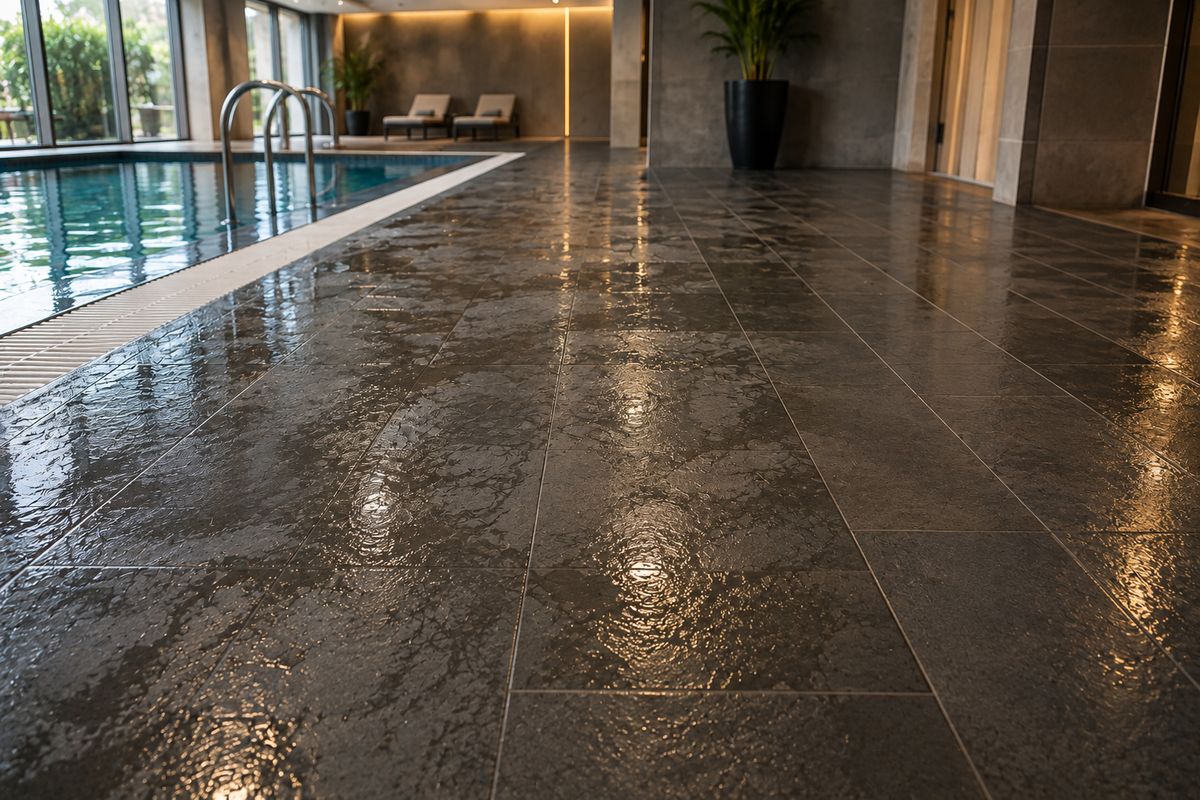 Untreated wet tile surface before anti-slip treatment