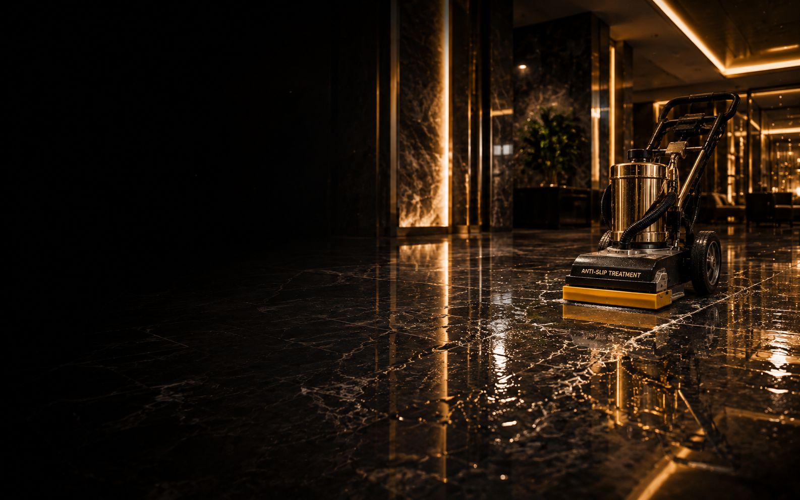 Wet tiled floor surface in a commercial environment