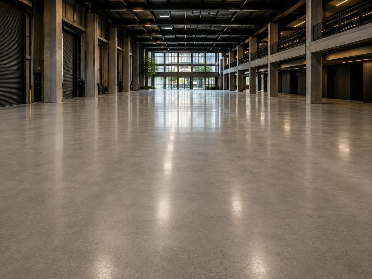 Smooth light-reflective industrial concrete floor after polishing and densification