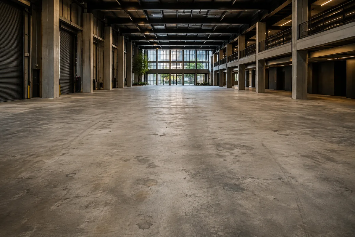 Raw worn industrial concrete floor before polishing