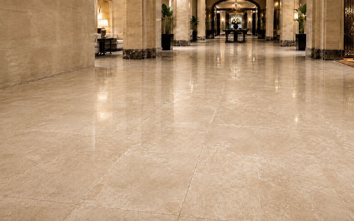 The same marble floor restored to a mirror finish by diamond polishing
