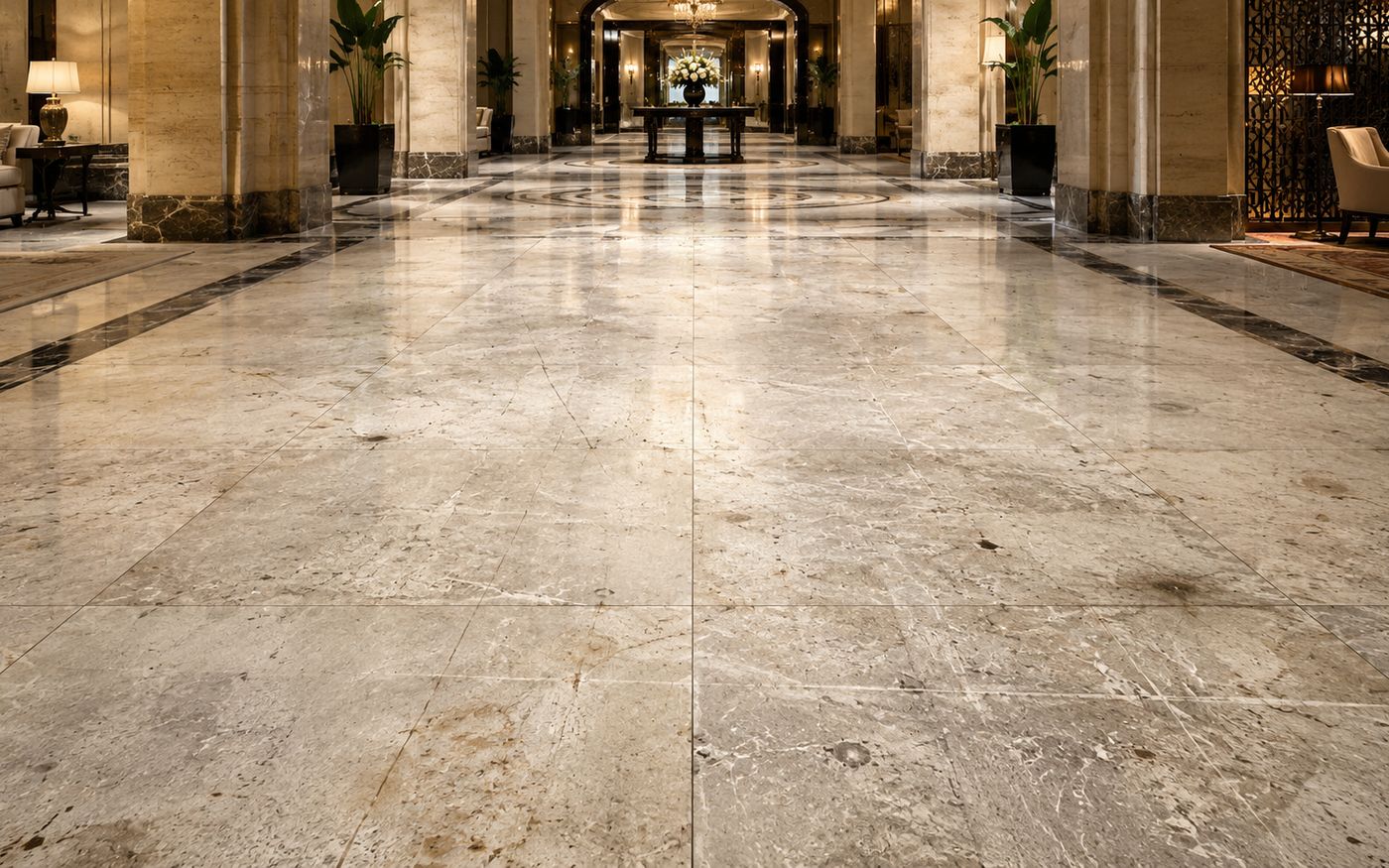 Worn marble hotel lobby floor before diamond grinding and polishing