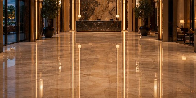 Polished marble floor in a five-star hotel lobby restored by Sakafu