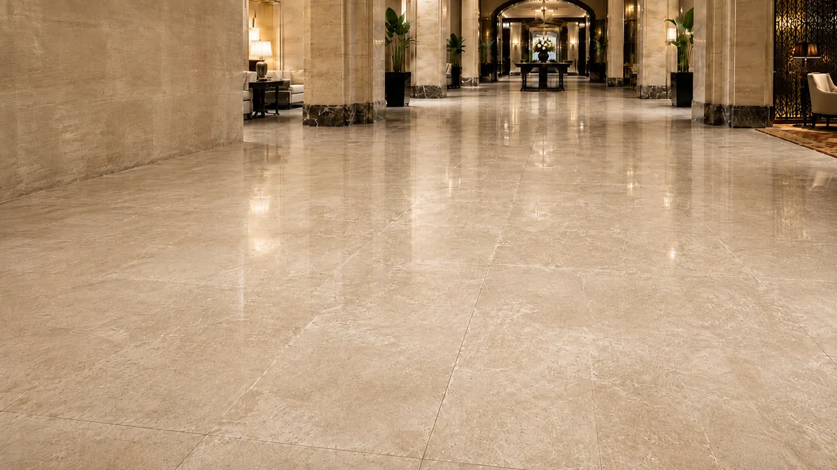Clean polished marble floor after professional natural stone restoration