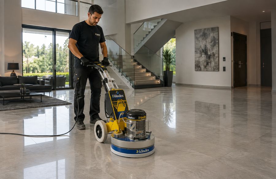 Technician using planetary stone grinding and polishing equipment on a marble floor