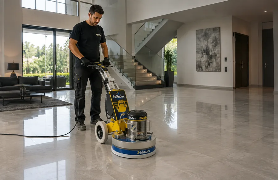 Technician using planetary stone grinding and polishing equipment on a marble floor