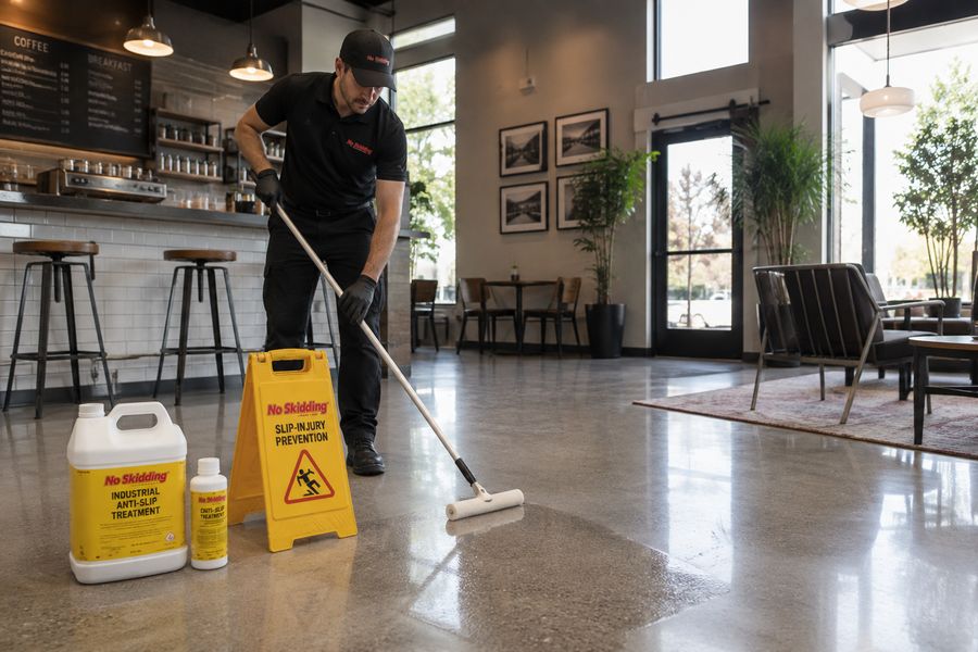 Applying anti-slip chemical treatment to a tiled floor with safety signage in place