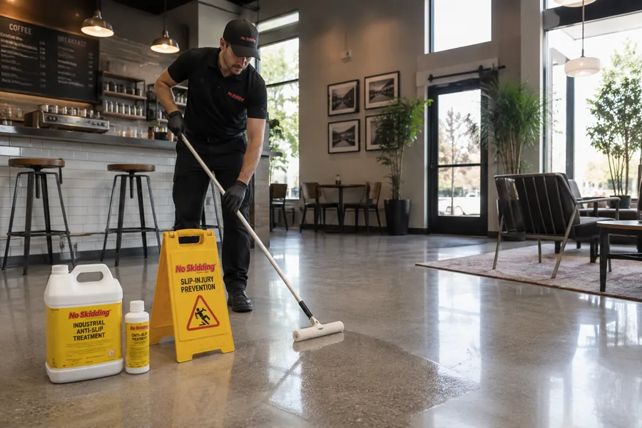 Technician applying an invisible anti-slip floor treatment in a commercial interior