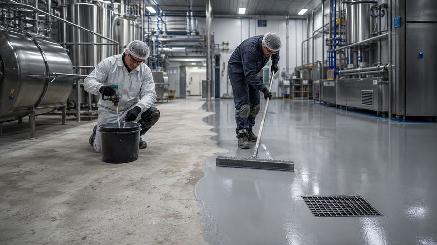Technicians applying industrial resin flooring system in a production facility