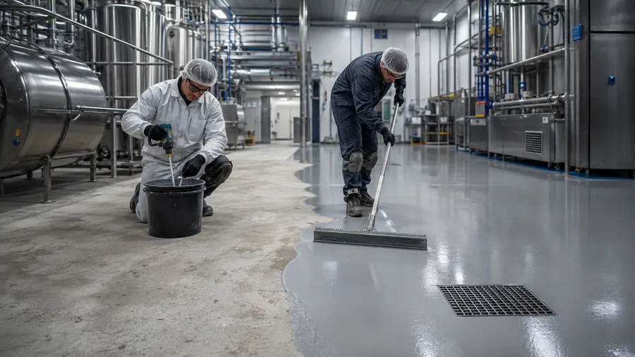 Two-person team mixing and installing a seamless industrial resin flooring system