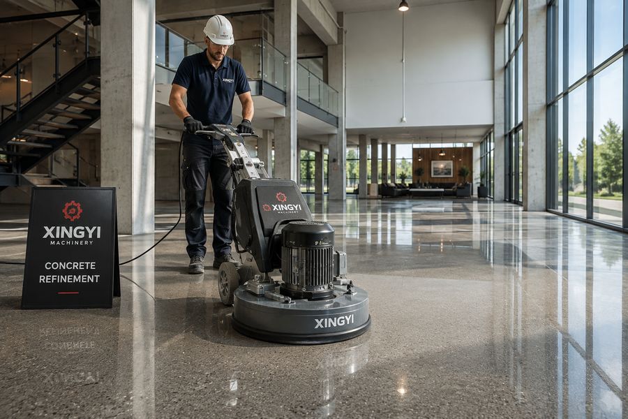 Operator running a multi-head planetary concrete grinding machine in a large interior
