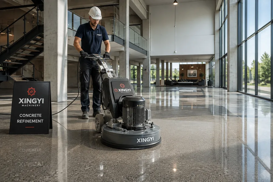 Technician operating heavy-duty multi-head concrete grinding and polishing machinery